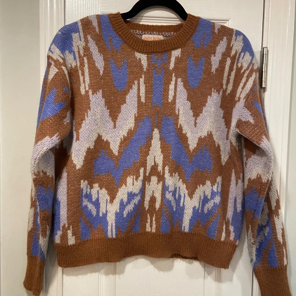 Knox Rose Fuzzy Blue Brown Aztec Long Sleeve Crew Neck Pullover Sweater Size XS